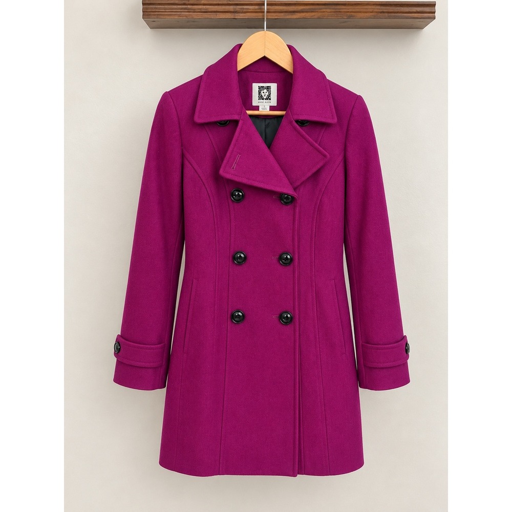 Anne Klein Wool Blend Double Breasted Pea Coat Purple S City Feminine Tailored